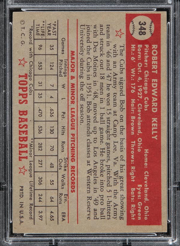 1952 Topps #348 Bob Kelly Chicago Cubs - Back