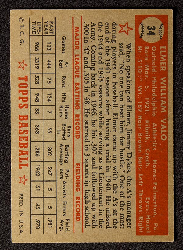 1952 Topps #34 Elmer Valo Philadelphia Athletics - Red Back