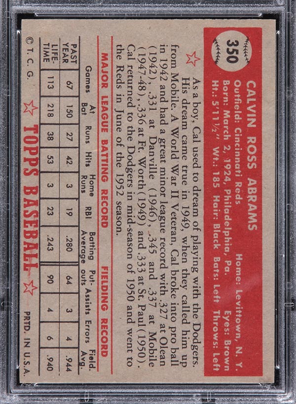 1952 Topps #350 Cal Abrams Cincinnati Reds - Back