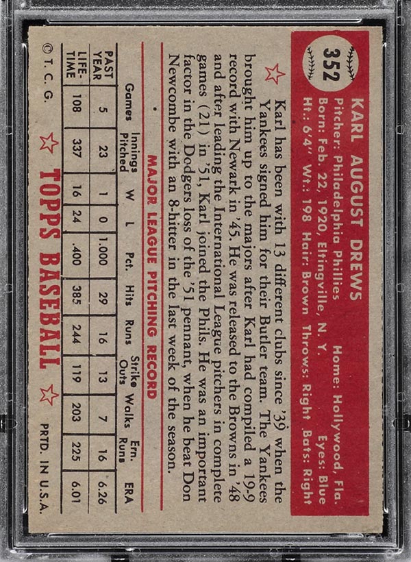 1952 Topps #352 Karl Drews Philadelphia Phillies - Back