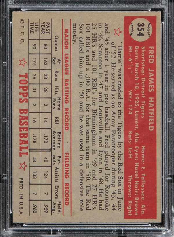 1952 Topps #354 Fred Hatfield Detroit Tigers - Back