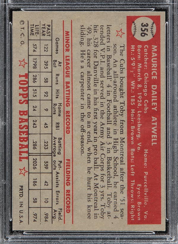 1952 Topps #356 Toby Atwell Chicago Cubs - Back