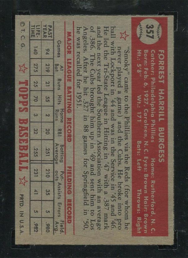 1952 Topps #357 Smoky Burgess Philadelphia Phillies - Back