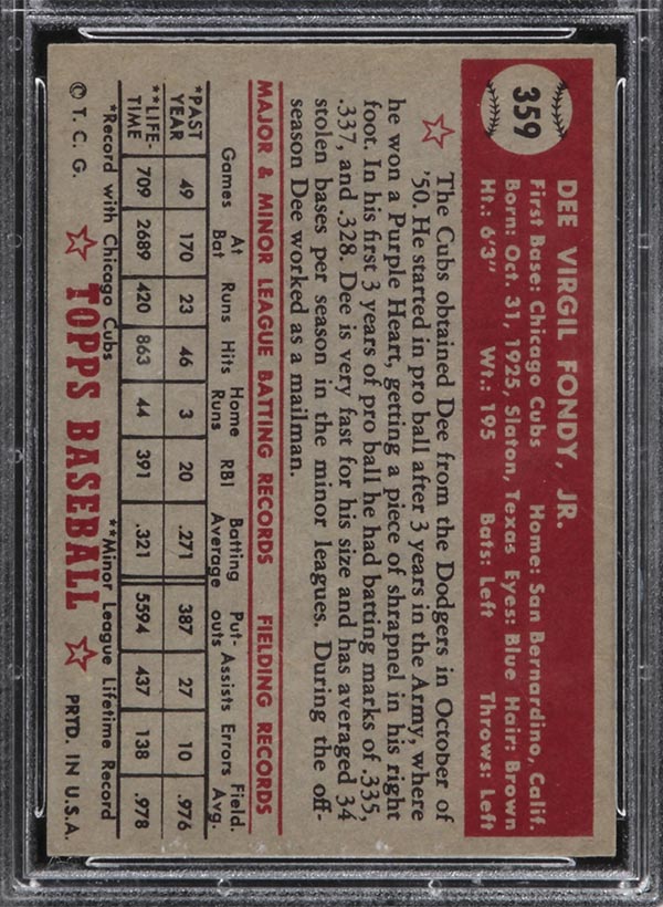 1952 Topps #359 Dee Fondy Chicago Cubs - Back