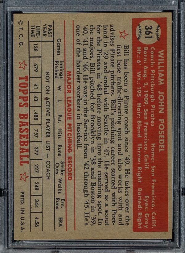 1952 Topps #361 Bill Posedel Pittsburgh Pirates - Back