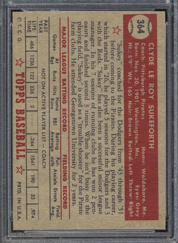 1952 Topps #364 Clyde Sukeforth Pittsburgh Pirates - Back