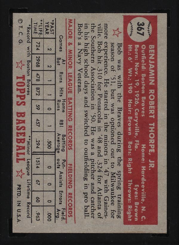 1952 Topps #367 Bob Thorpe Boston Braves - Back