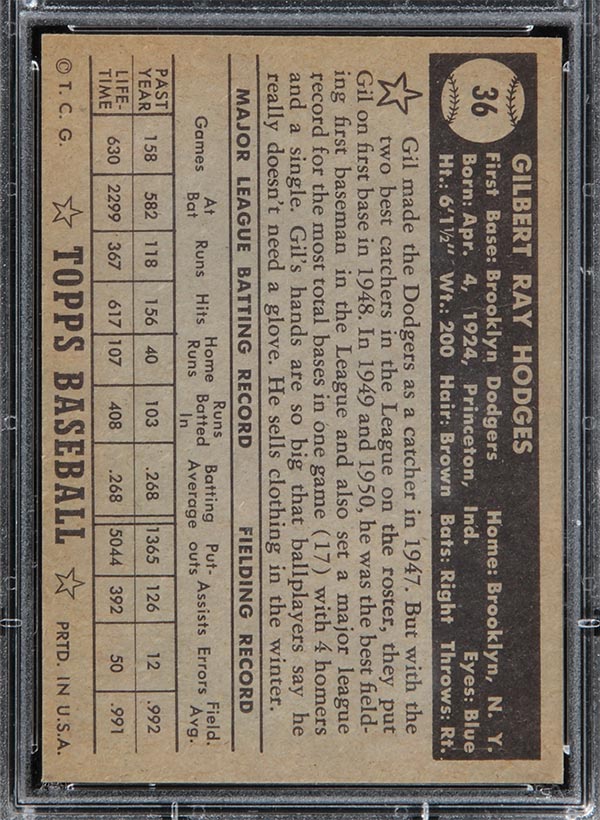 1952 Topps #36 Gil Hodges Brooklyn Dodgers - Black Back