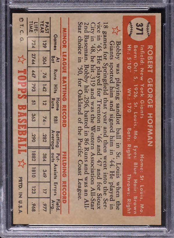 1952 Topps #371 Bob Hofman New York Giants - Back