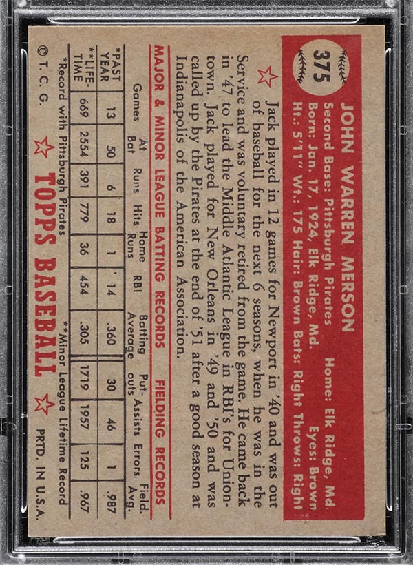 1952 Topps #375 Jack Merson Pittsburgh Pirates - Back