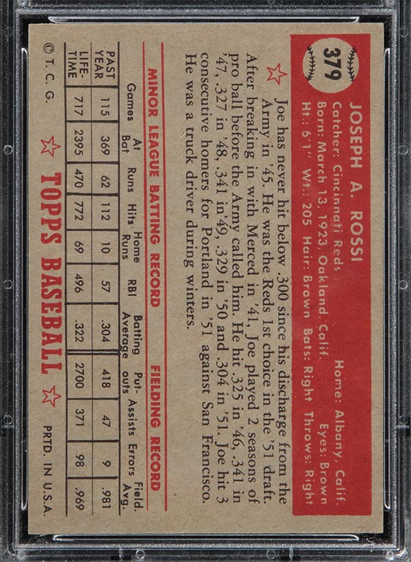 1952 Topps #379 Joe Rossi Cincinnati Reds - Back