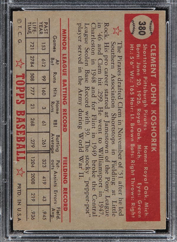 1952 Topps #380 Clem Koshorek Pittsburgh Pirates - Back