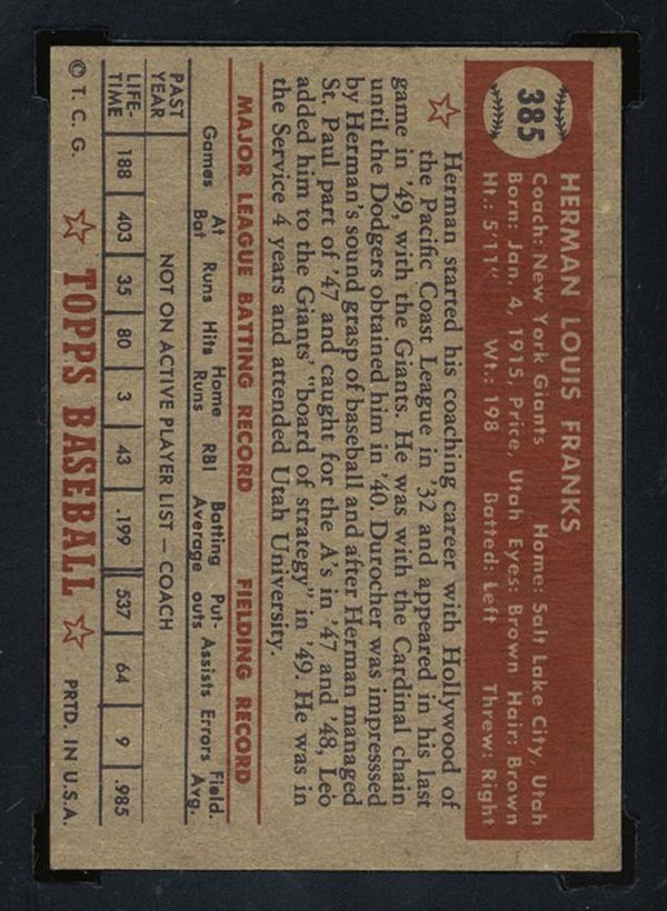 1952 Topps #385 Herman Franks New York Giants - Back