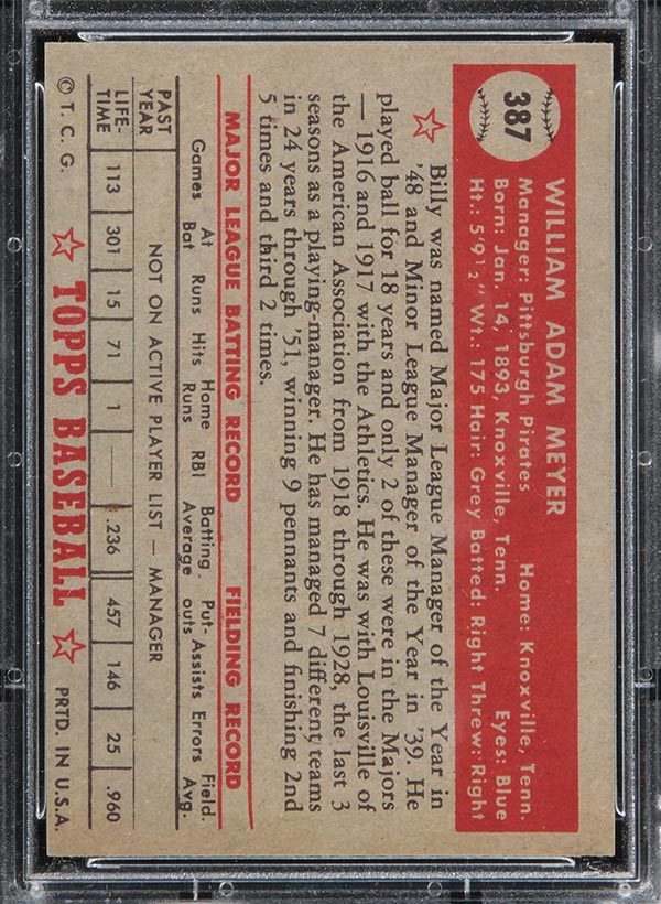 1952 Topps #387 Billy Meyer Pittsburgh Pirates - Back