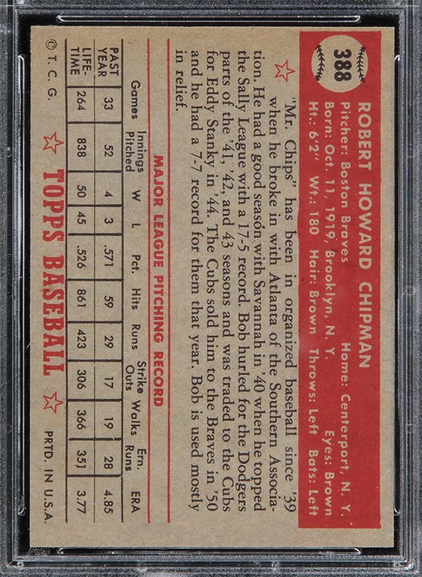 1952 Topps #388 Bob Chipman Boston Braves - Back