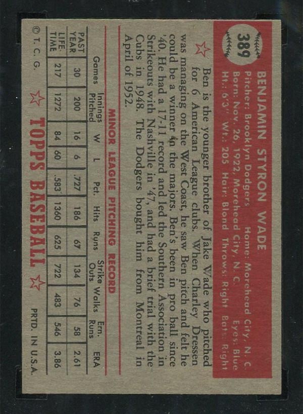 1952 Topps #389 Ben Wade Brooklyn Dodgers - Back