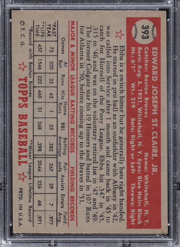 1952 Topps #393 Ebba St. Claire Boston Braves - Back