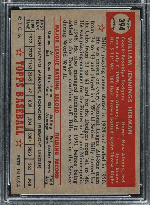 1952 Topps #394 Billy Herman Brooklyn Dodgers - Back