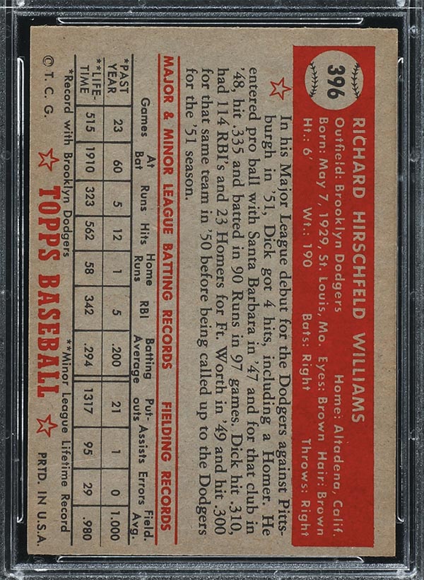 1952 Topps #396 Dick Williams Brooklyn Dodgers - Back