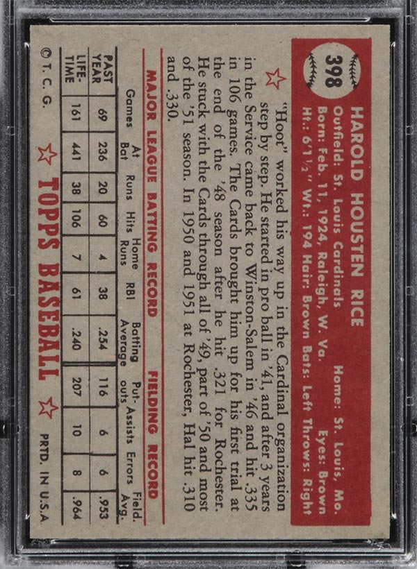 1952 Topps #398 Hal Rice St. Louis Cardinals - Back