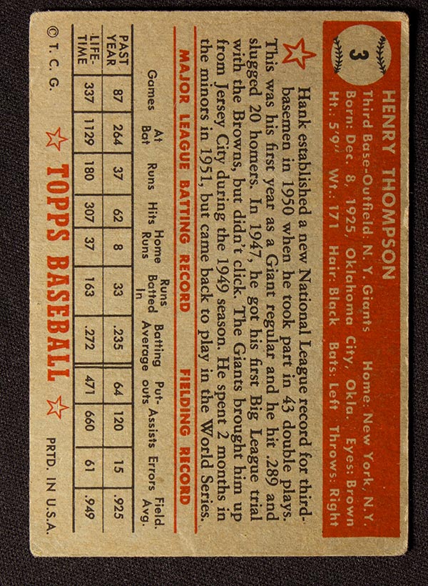 1952 Topps #3 Hank Thompson New York Giants - Red Back