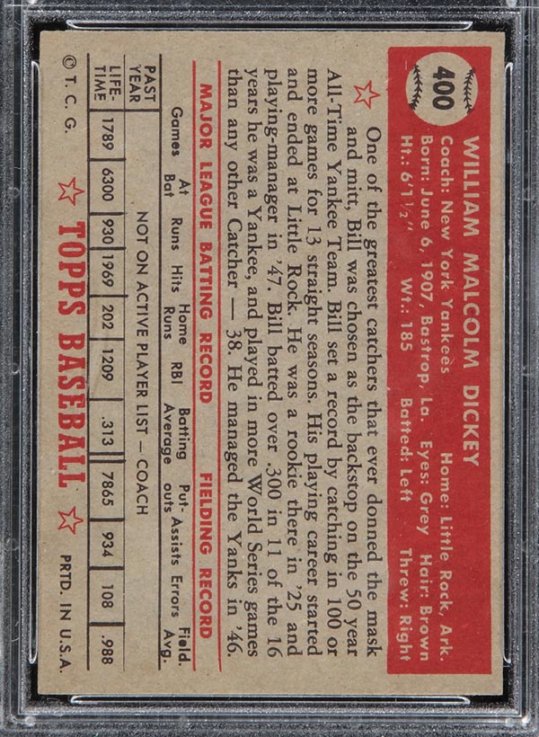 1952 Topps #400 Bill Dickey New York Yankees - Back