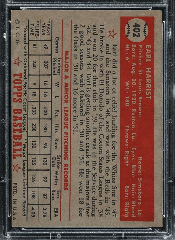 1952 Topps #402 Earl Harrist St. Louis Browns - Back