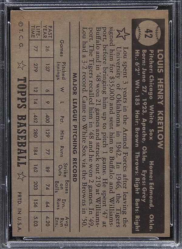 1952 Topps #42 Lou Kretlow Chicago White Sox - Black Back