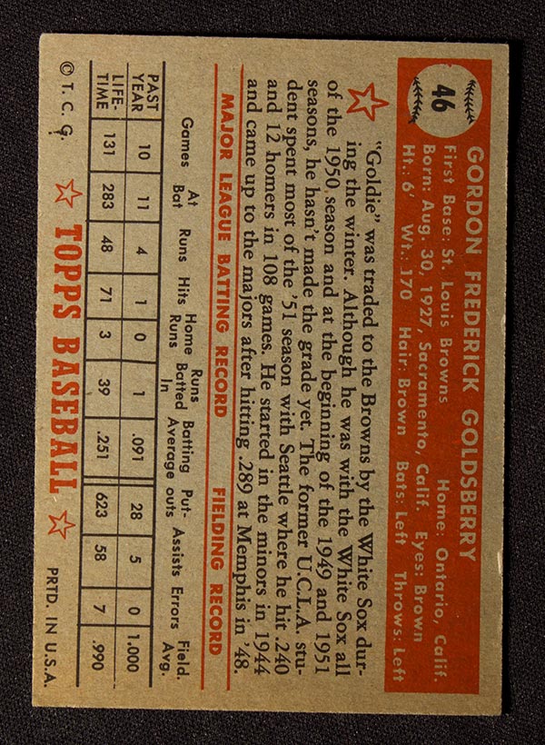 1952 Topps #46 Gordon Goldsberry St. Louis Browns - Red Back