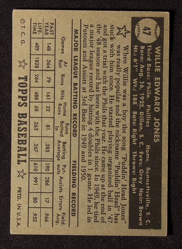 1952 Topps #47 Willie Jones Philadelphia Phillies - Black Back