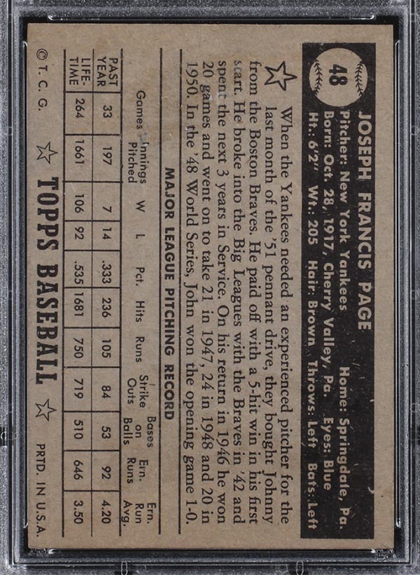 1952 Topps #48 Joe Page (Sain Bio) New York Yankees - Back