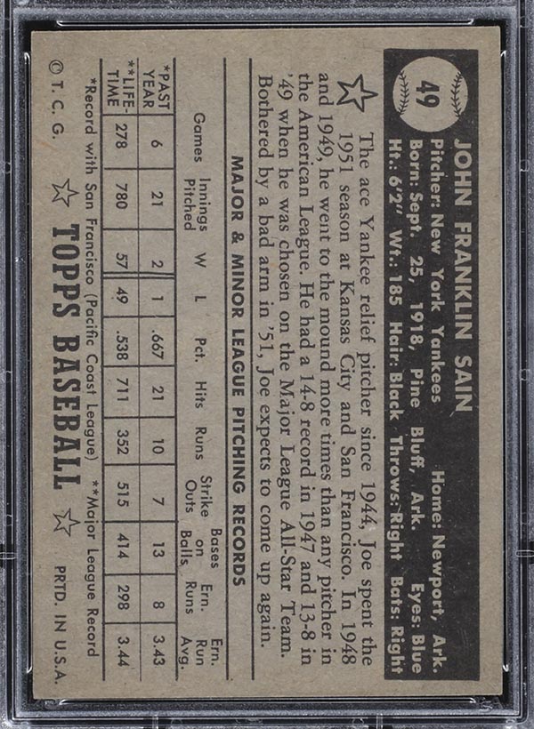 1952 Topps #49 Johnny Sain (Page Bio) New York Yankees - Back