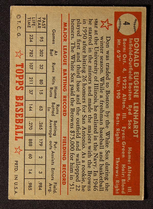 1952 Topps #4 Don Lenhardt Boston Red Sox - Red Back