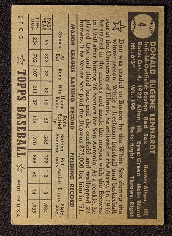1952 Topps #4 Don Lenhardt Boston Red Sox - Black Back