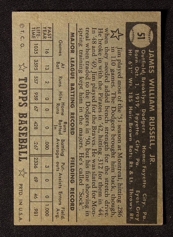 1952 Topps #51 Jim Russell Brooklyn Dodgers - Black Back