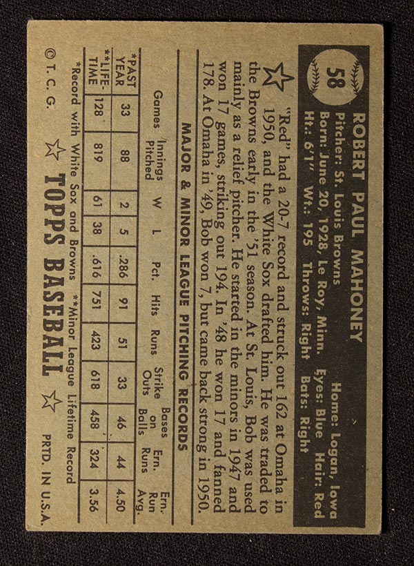 1952 Topps #58 Bob Mahoney St. Louis Browns - Black Back