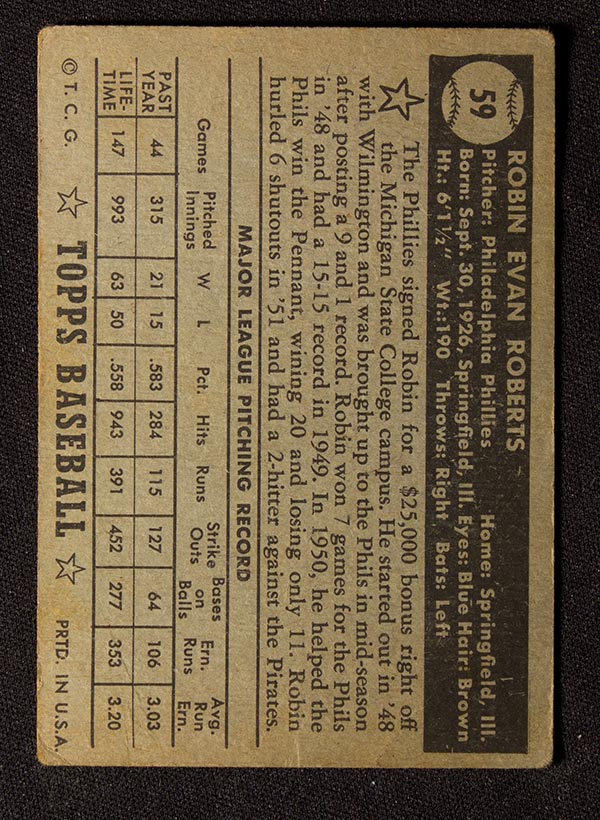 1952 Topps #59 Robin Roberts Philadelphia Phillies - Black Back