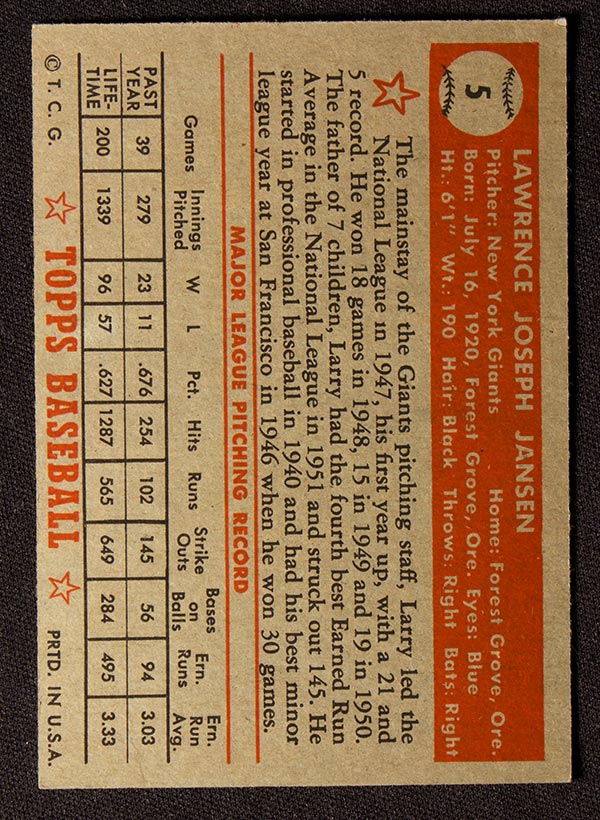 1952 Topps #5 Larry Jansen New York Giants - Red Back