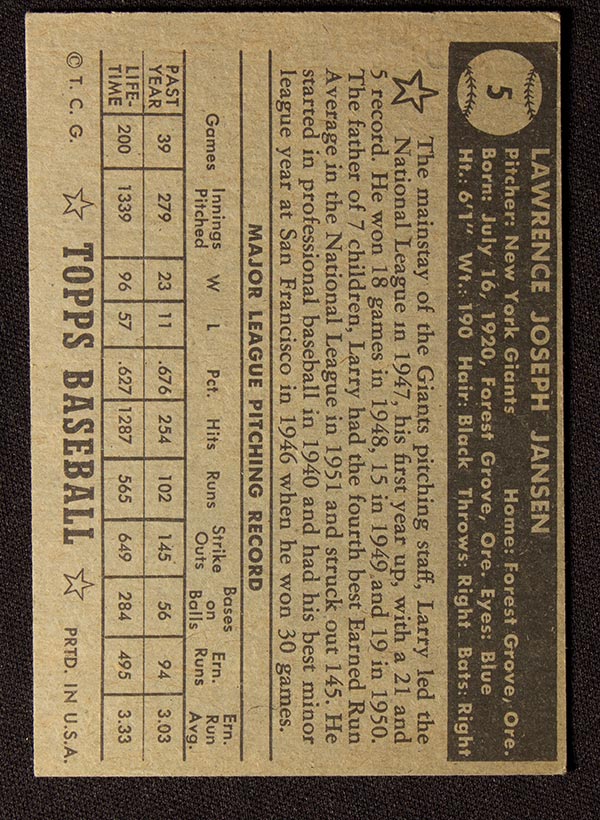 1952 Topps #5 Larry Jansen New York Giants - Black Back