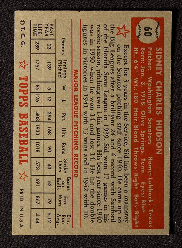 1952 Topps #60 Sid Hudson Washington Senators - Red Back