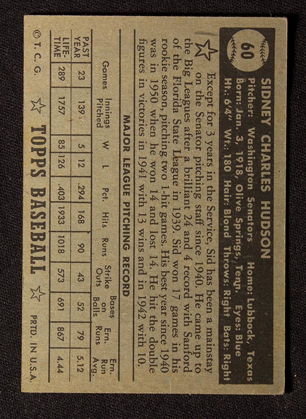 1952 Topps #60 Sid Hudson Washington Senators - Black Back