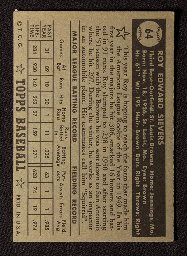 1952 Topps #64 Roy Sievers St. Louis Browns - Black Back