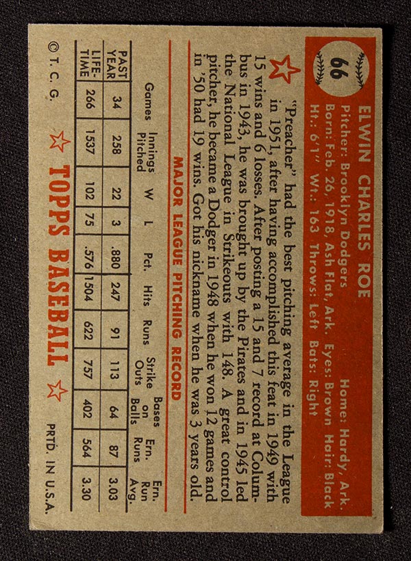 1952 Topps #66 Preacher Roe Brooklyn Dodgers - Red Back