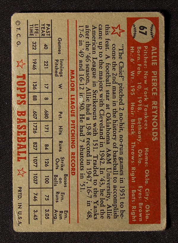 1952 Topps #67 Allie Reynolds New York Yankees - Red Back