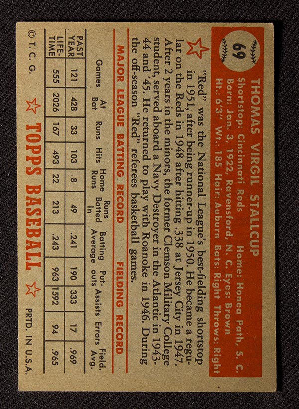 1952 Topps #69 Virgil Stallcup Cincinnati Reds - Red Back