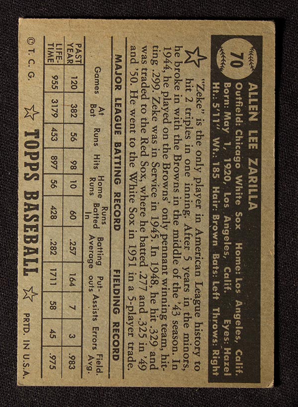 1952 Topps #70 Al Zarilla Chicago White Sox - Black Back