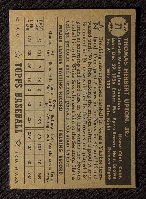 1952 Topps #71 Tom Upton Washington Senators - Black Back