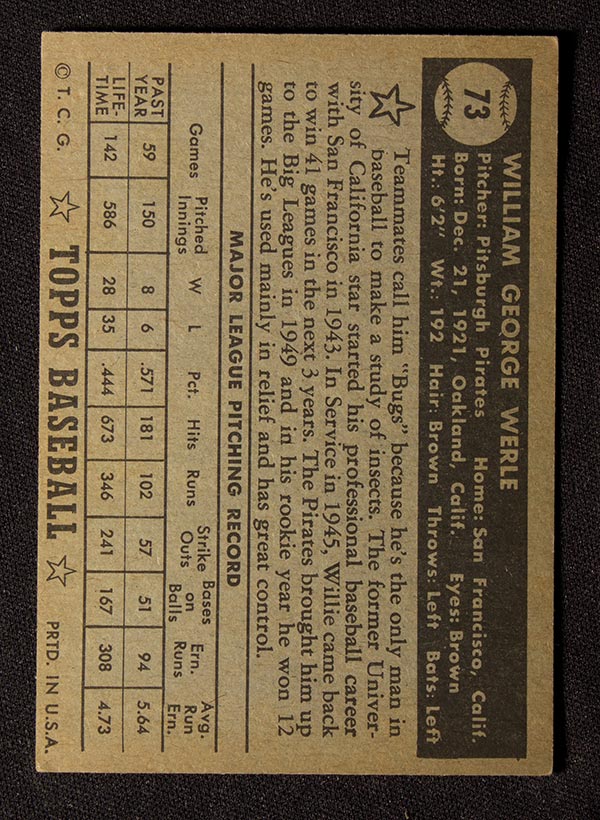 1952 Topps #73 William Werle Pittsburgh Pirates - Black Back