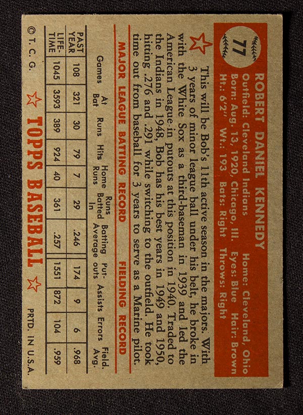 1952 Topps #77 Bob Kennedy Cleveland Indians - Red Back