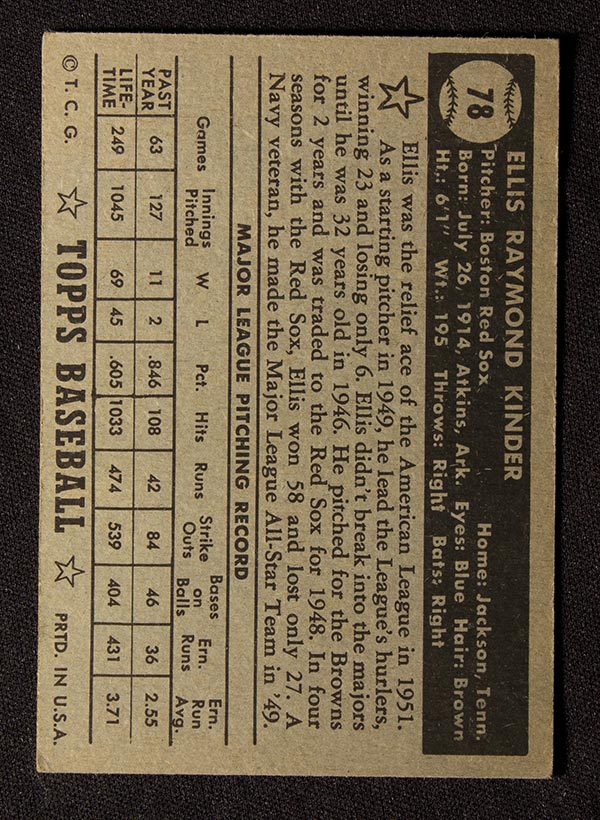 1952 Topps #78 Ellis Kinder Boston Red Sox - Black Back